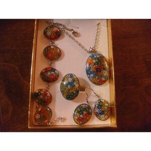 4 lot beautiful multicolor flower Jewelry set Necklace ring earrings bracelet